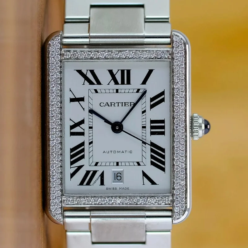 CARTIER TANK SOLO 3800 Automatic 31mm Steel ~1TCW Diamond Bezel Watch