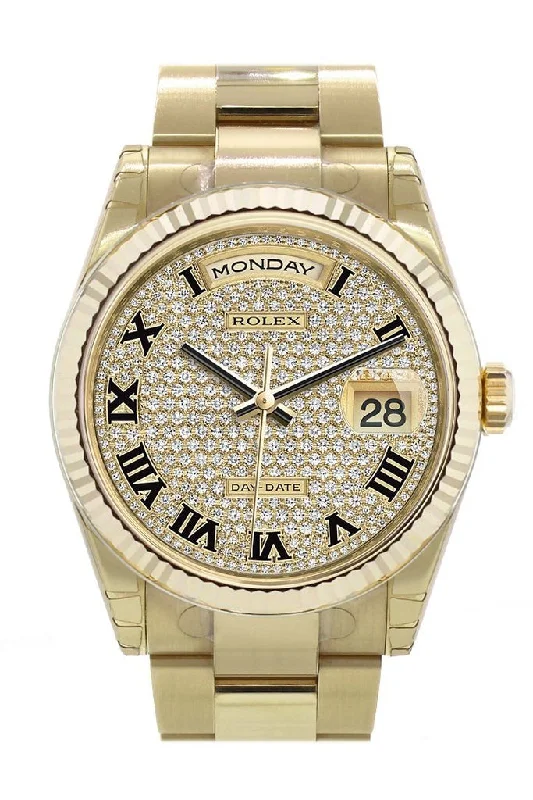 Rolex Day-Date 36 Diamond-paved Dial Fluted Bezel Yellow Gold Watch 118238